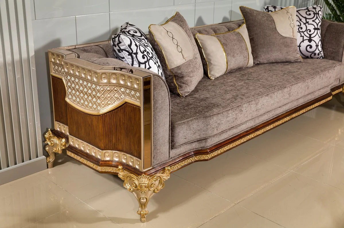 Luxury Baroque Sofa Gray / Dark Brown / Gold 265 cm - Baroque Furniture