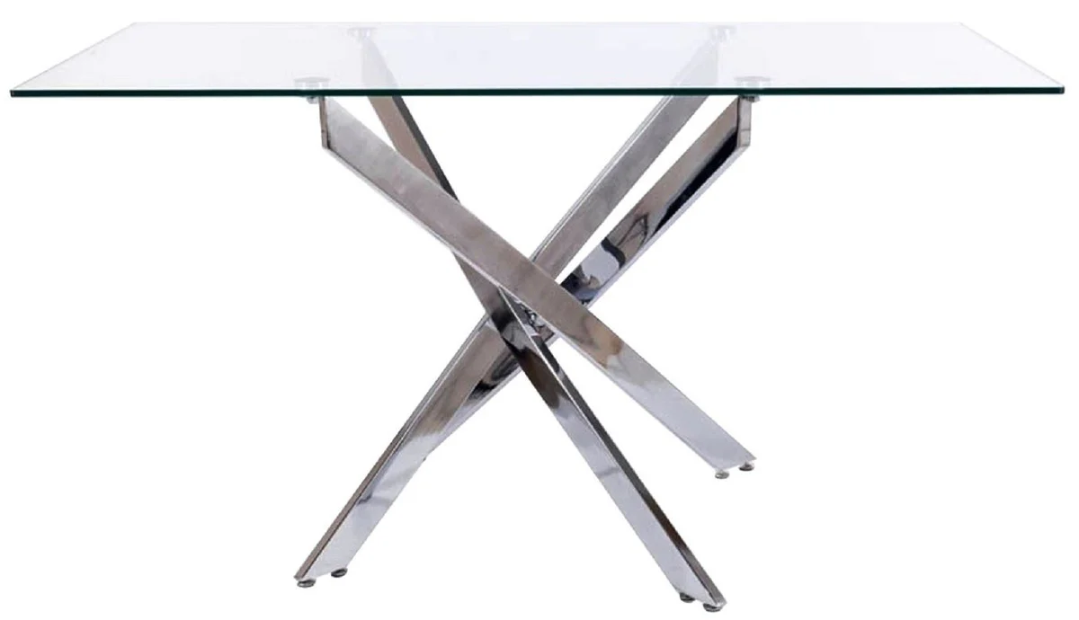 Luxury dining table silver 140 x 80 x H. 75 cm - Rectangular dining room table with tempered glass top - Dining room furniture - Kitchen furniture