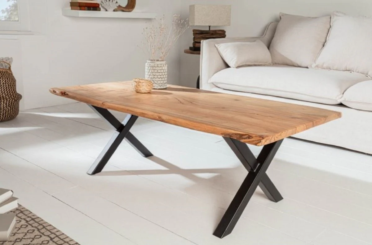 Solid wood coffee table with metal legs natural color / black 118 x 60 x H. 40 cm - Rectangular living room table - Solid wood living room furniture