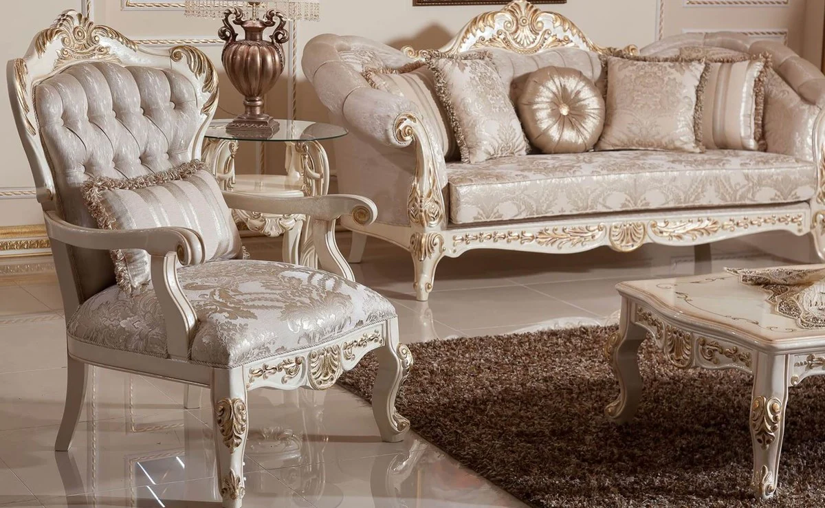 Luxury Baroque Sofa Gray / Silver / White / Gold - Handmade Baroque Style Living Room Sofa with Elegant Pattern - Magnificent Baroque Living Room Furniture
