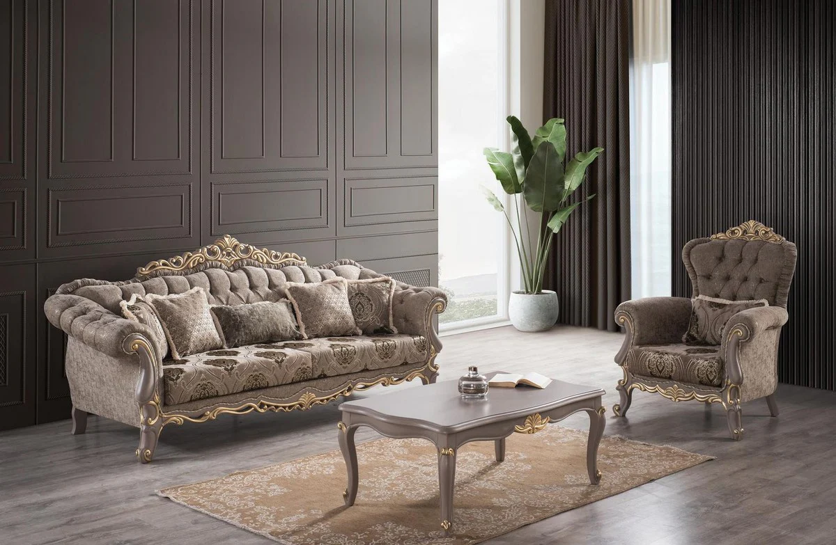 Luxury baroque sofa brown / gray / gold 240 x 96 x H. 94 cm - magnificent living room sofa with decorative pillows - furniture in the baroque style