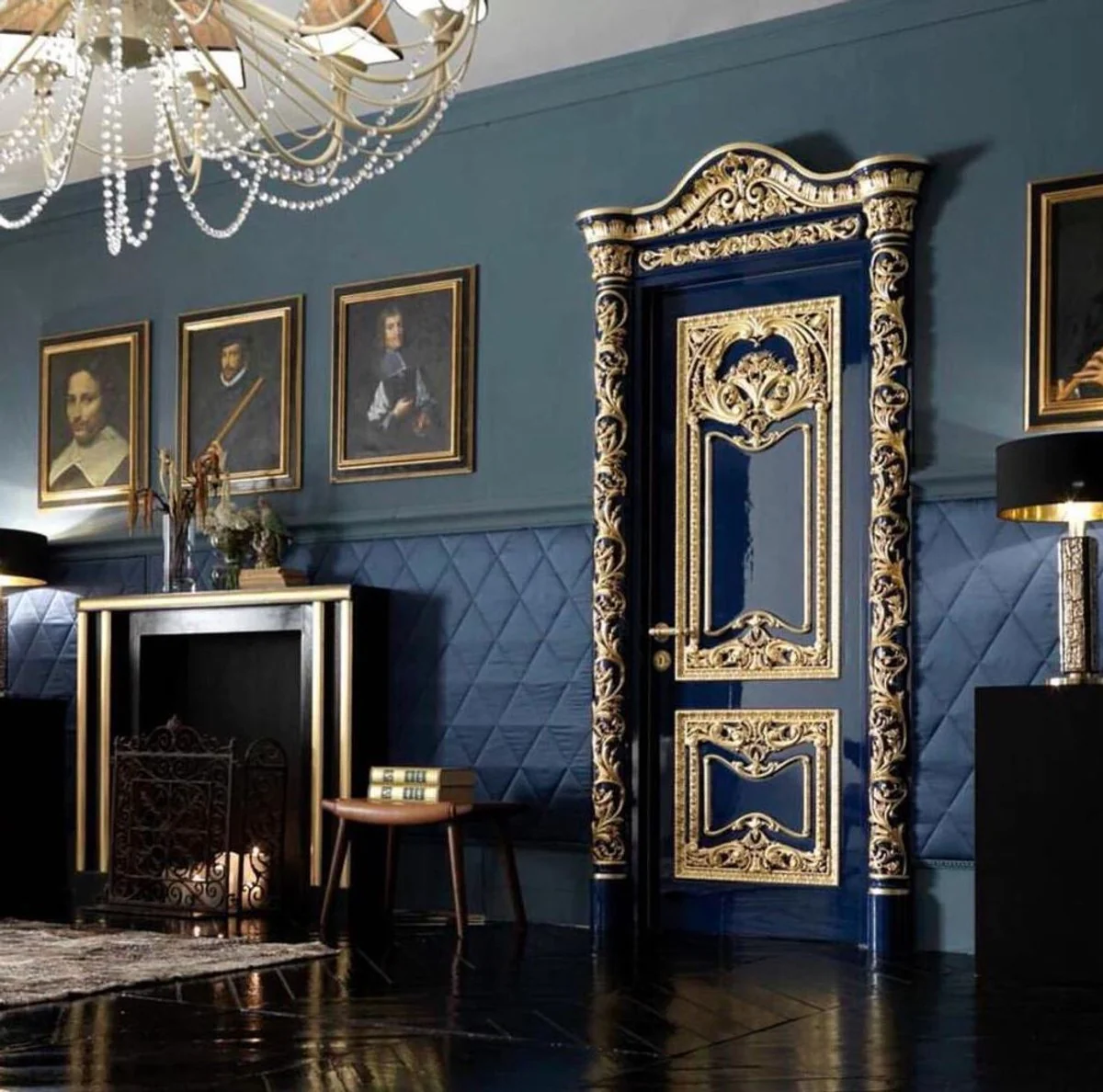 Luxury baroque apartment door royal blue / gold - magnificent solid wood door with frame - luxury furniture in baroque style - baroque furniture - hotel furniture - baroque furnishings - noble & magnificent