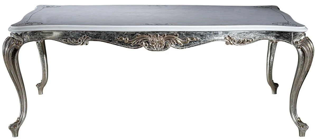 Luxury baroque dining table white / silver / gold 207 x 112 x H. 82 cm - solid wood dining room table - noble baroque dining room furniture