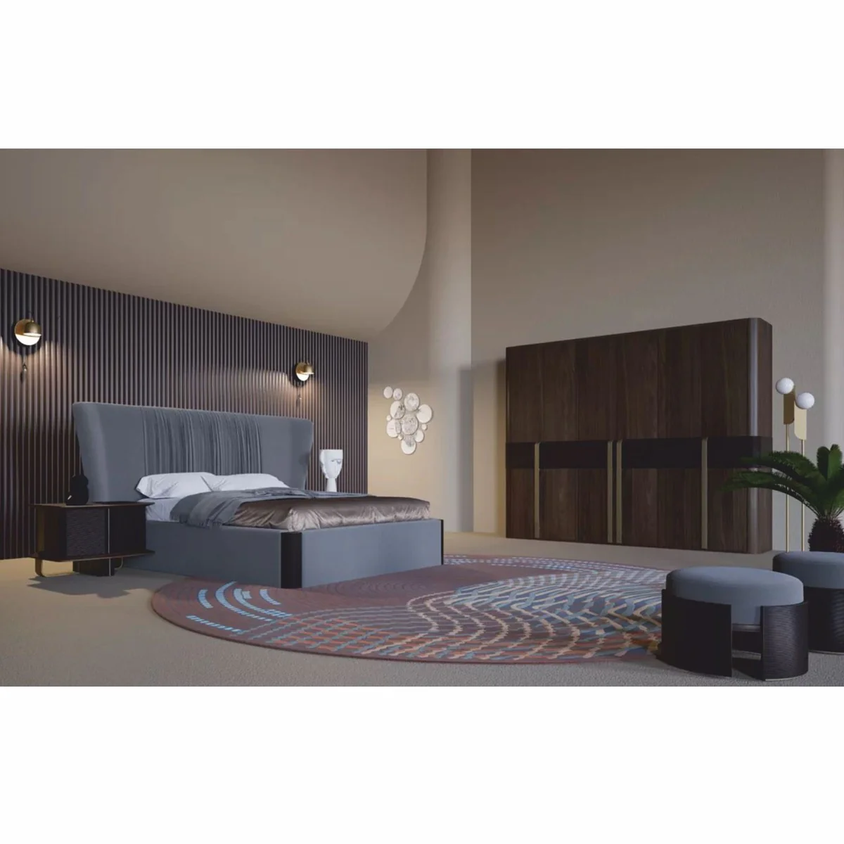 Luxury bedroom cupboard brown / dark brown / brass 280 x 65 x H. 228 cm