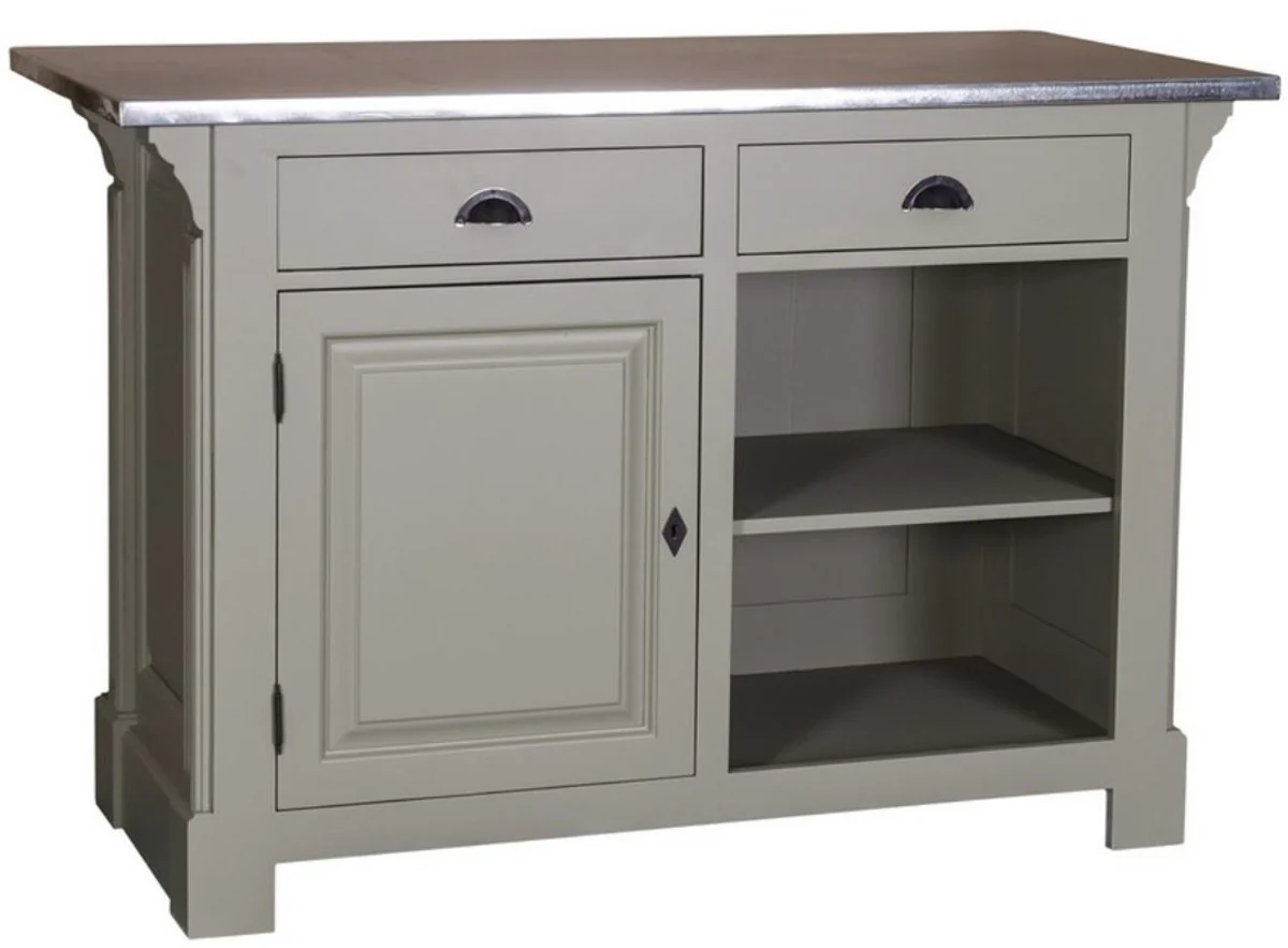 Country house style counter gray / silver 140 x 68 x H. 95 cm - solid wood counter table with galvanized table top