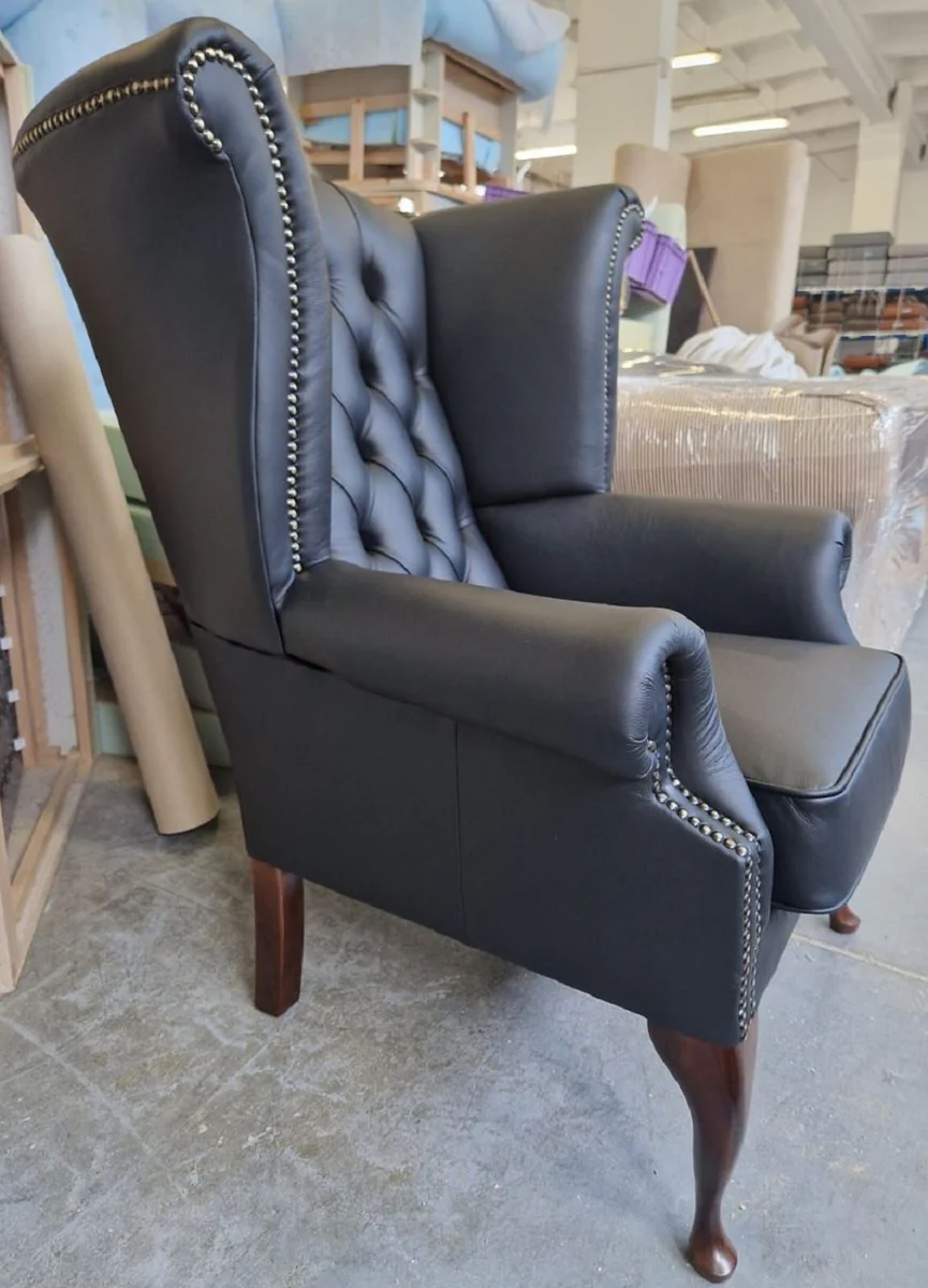 Luxury Chesterfield wing chair black / dark brown 98 x 90 x H. 110 cm - genuine leather Chesterfield living room armchair - living room furniture - Chesterfield furniture - luxury leather furniture