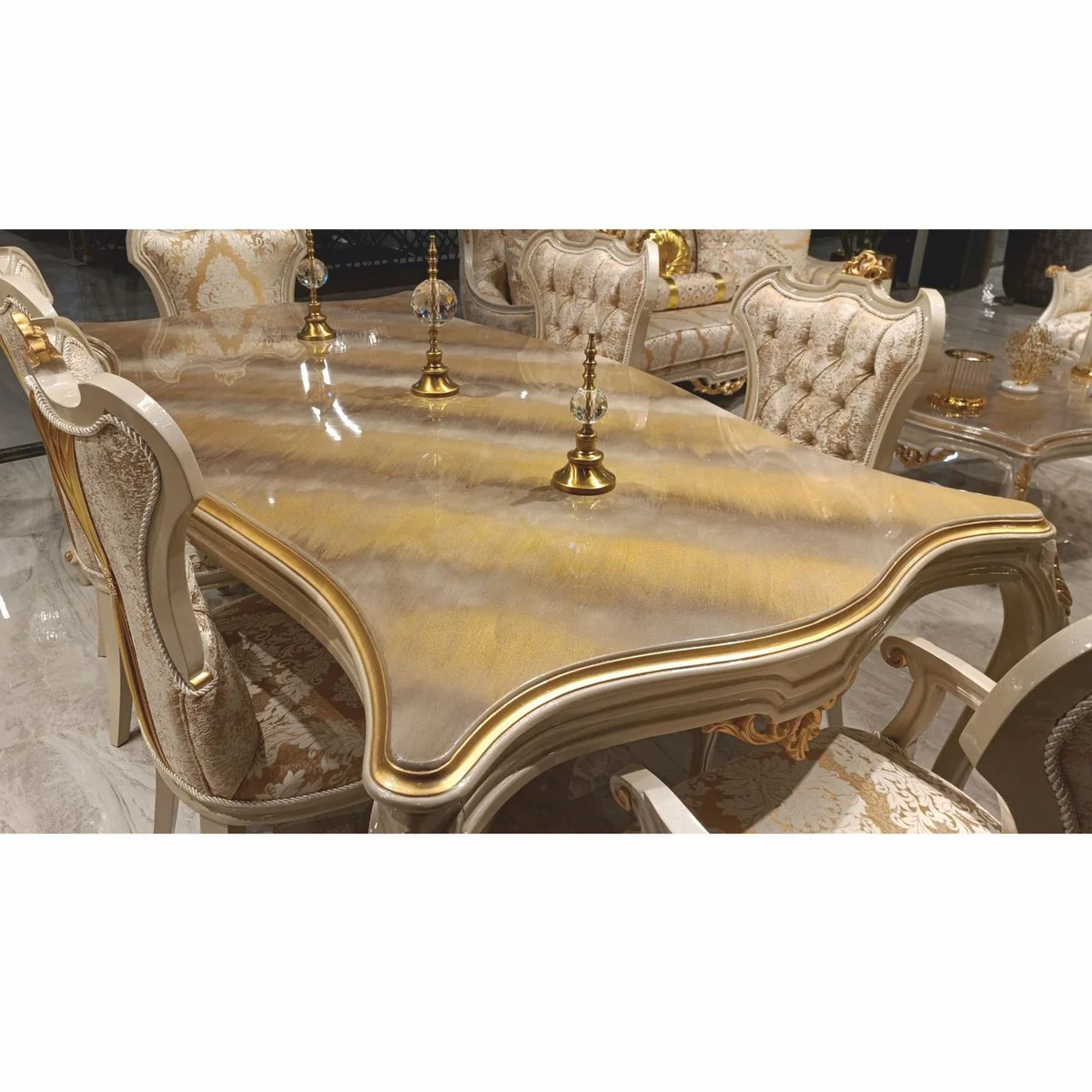 Luxury Baroque Dining Room Set Gold / Gray - 1 Baroque Dining Table & 6 Baroque Dining Chairs