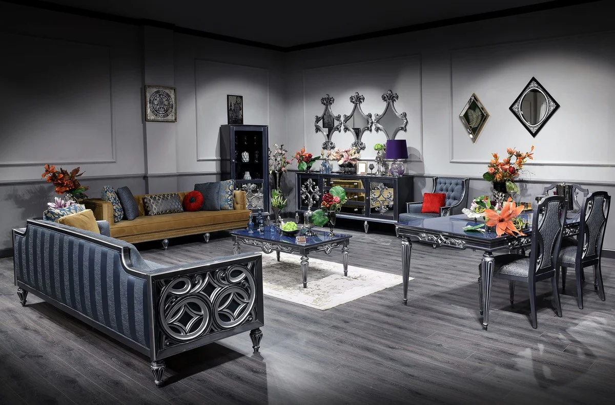 Luxury Baroque dining room chair set silver / blue 54 x 53 x H. 109 cm - Noble kitchen chairs set of 6 - Baroque dining room furniture