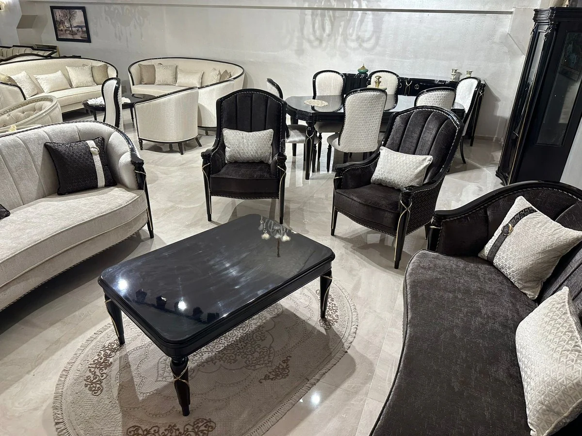 Luxury Baroque Sofa Cream / Black / Gold 245 cm - Baroque style living room furniture