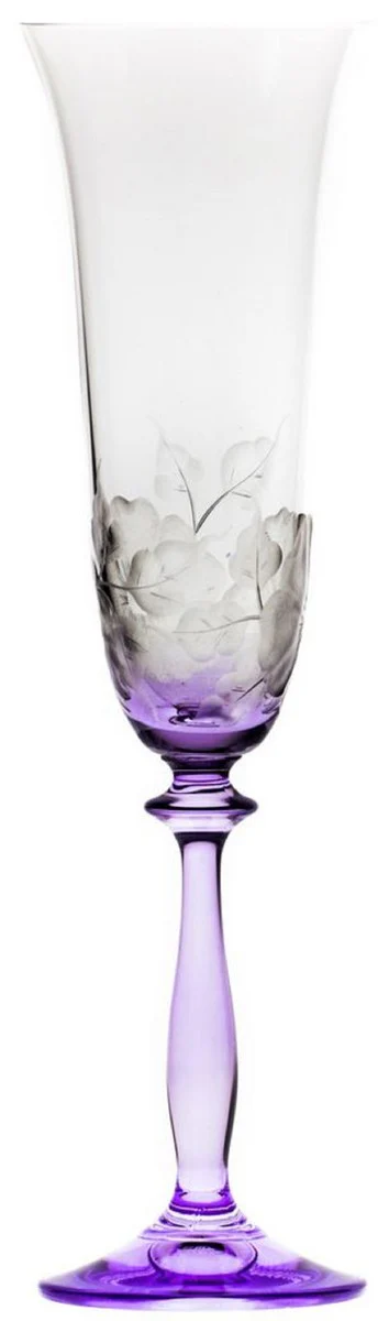 Luxury Baroque Champagne Glass Set of 6 Purple Ø 7 x H. 24.5 cm - Handmade and hand-engraved champagne glasses with flower design - Hotel & Restaurant Accessories