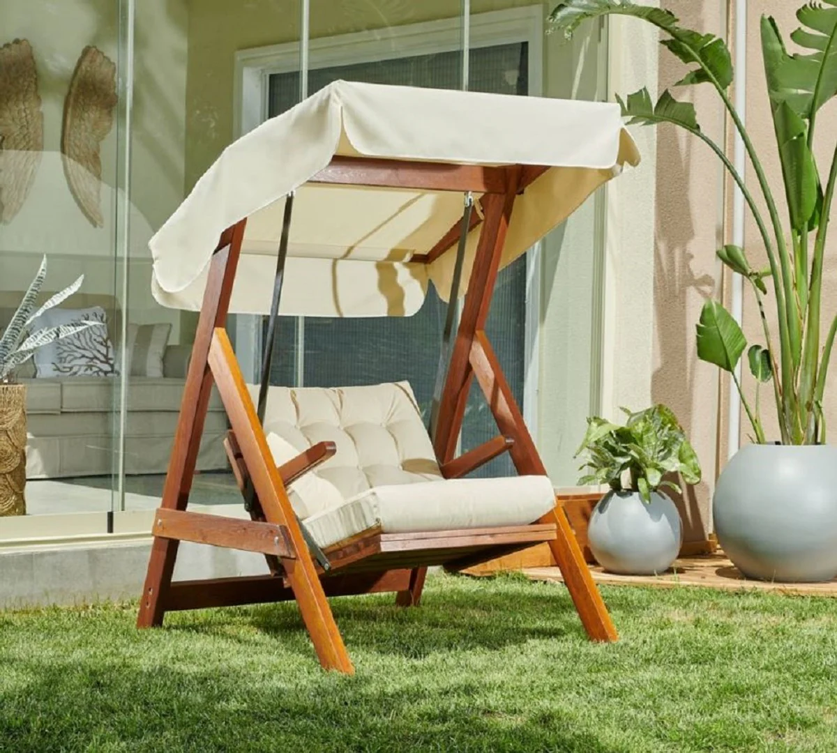 Luxury Hollywood Swing Cream / Brown - Modern Weatherproof Garden Swing with Sun Canopy - Patio Furniture - Garden Furniture - Luxury Collection
