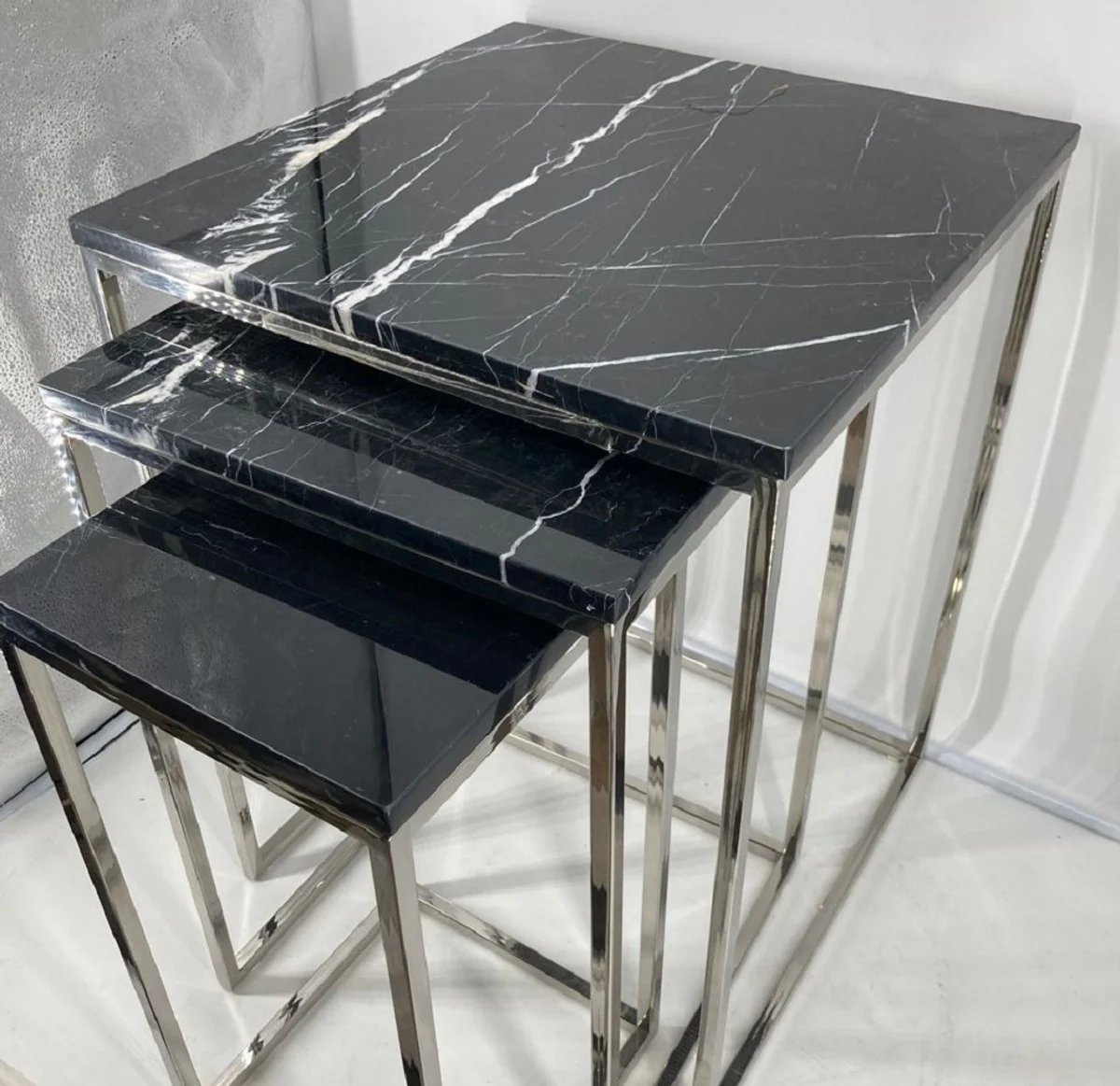 Luxury side table set of 3 silver / black - stainless steel tables with marble top - living room furniture - luxury collection