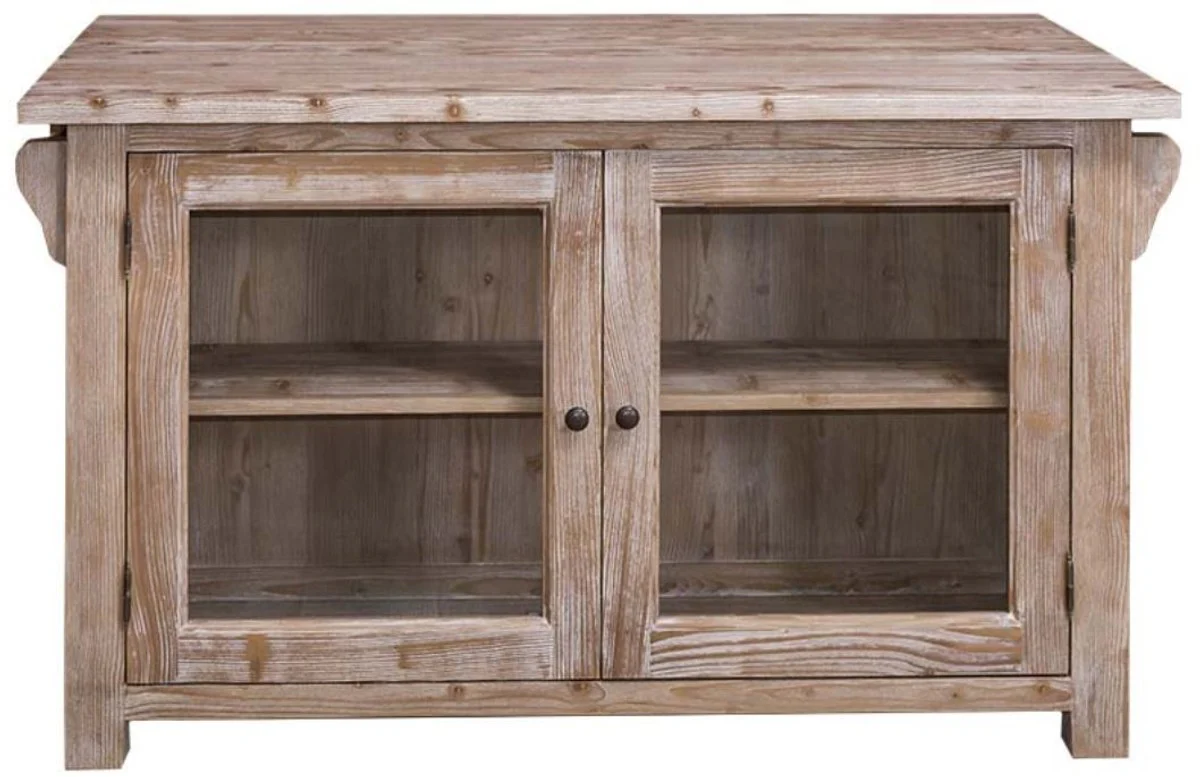 Country house style kitchen island natural colors 135 x 85 x H. 80 cm - country house style kitchen cabinet with 2 glass doors