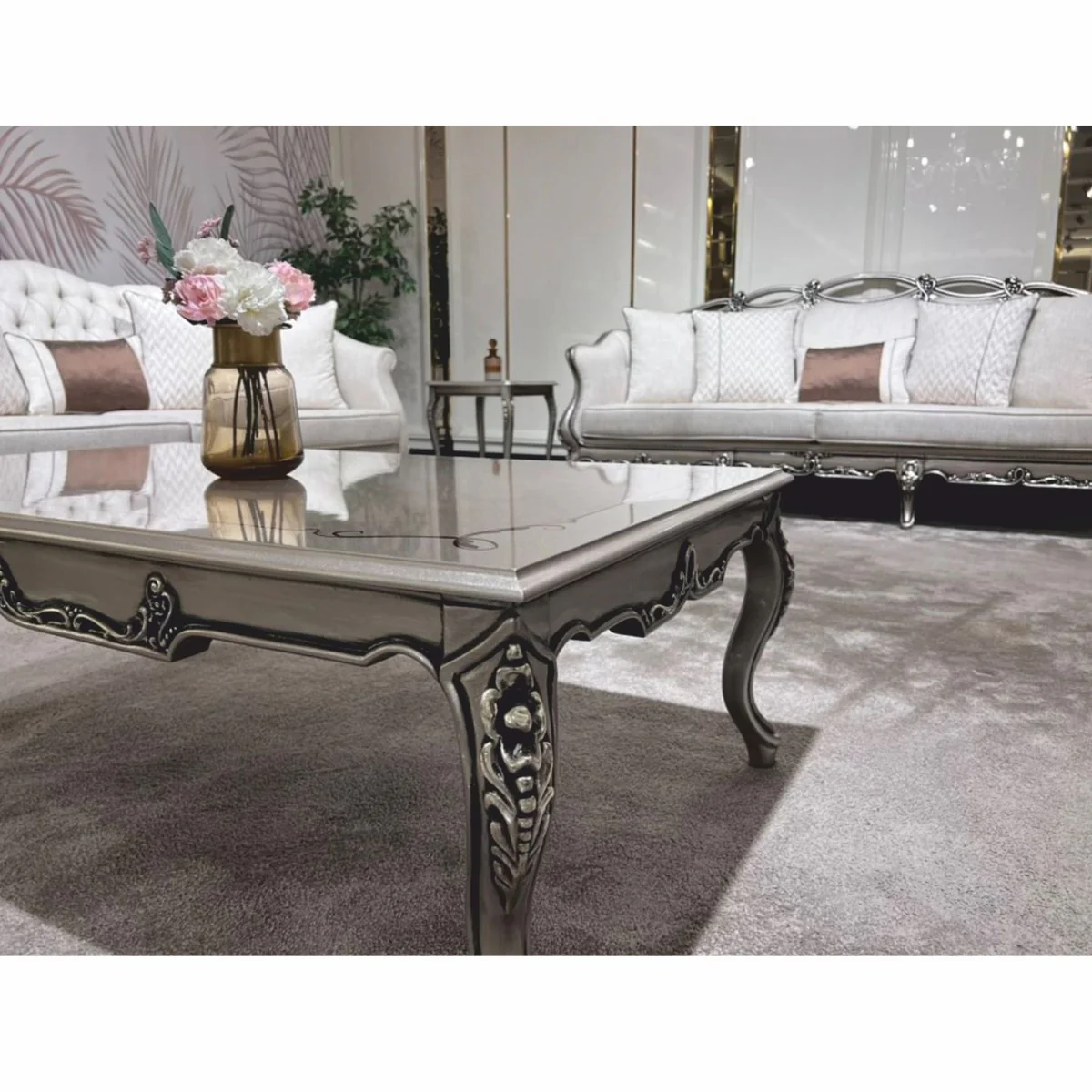 Luxury Baroque Living Room Sofa Cream / Silver 225 cm - Baroque Furniture