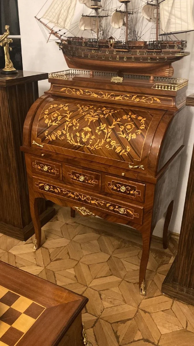 Baroque secretary brown / inlaid gold - handmade baroque style desk with 8 drawers - office furniture in baroque style - baroque furniture - baroque furnishings