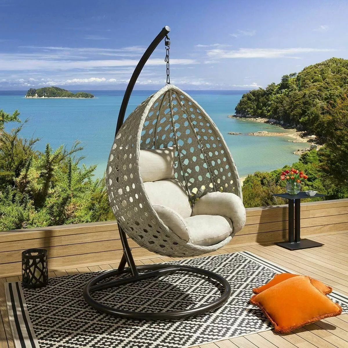 Luxury Extra Large Outdoor Hanging Pod Chairs Gray Rope Table