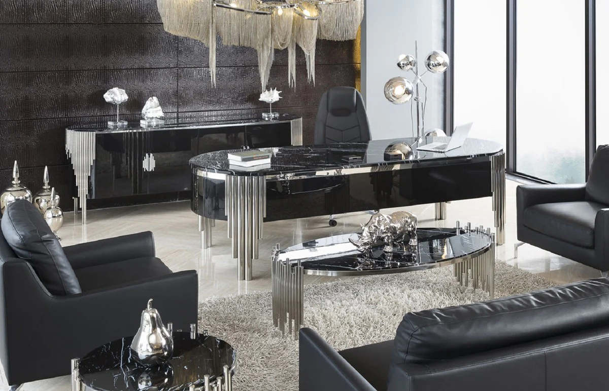 Luxury coffee table with artificial marble table top black / silver 140 cm - luxury furniture