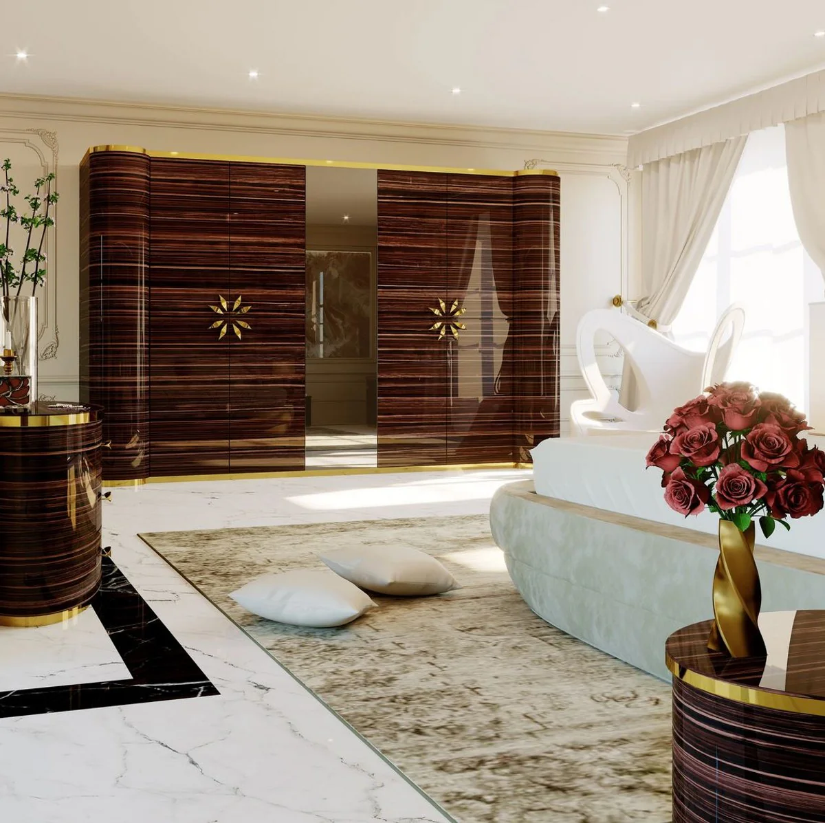 Luxury designer bedroom wardrobe high gloss brown / gold 285 x 62 x H. 250 cm - Elegant solid wood wardrobe with 4 doors - Hotel furniture - Luxury quality - Made in Italy