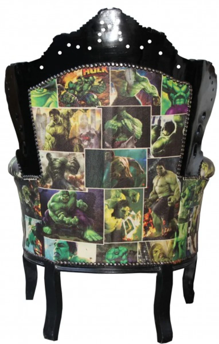 Baroque Armchair King Comic Design / Black Leather Look Furniture Antique Style - Limited Edition!