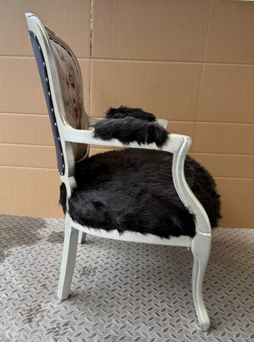 Luxury Baroque Salon Chair with Armrests Black / Silver - Baroque Furniture