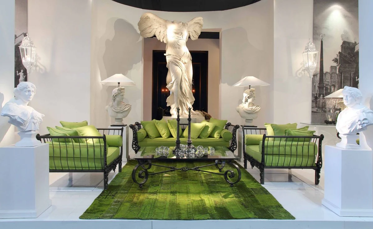 Luxury Baroque Sofa Green / Black 212 x 87 x H. 77 cm - Hand-forged wrought iron sofa with cushions - Living room sofa - Garden sofa - Patio sofa - Baroque furniture