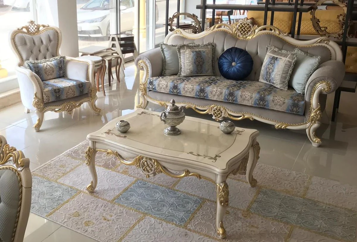 Luxury Baroque Sofa Gray / Blue / White / Gold 222 x 82 x H. 120 cm - Magnificent solid wood living room sofa with elegant pattern and decorative pillows - Baroque living room furniture