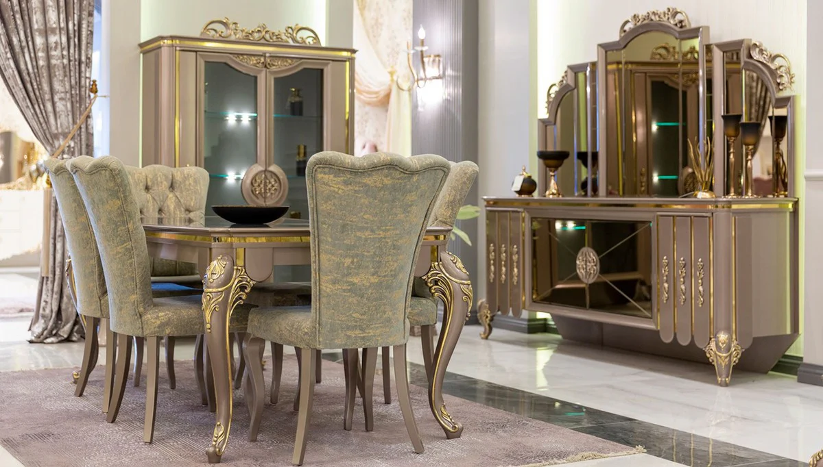 Luxury baroque dining room set green / gold / gray - 1 dining table & 6 dining chairs - Magnificent dining room furniture in baroque style - luxury quality