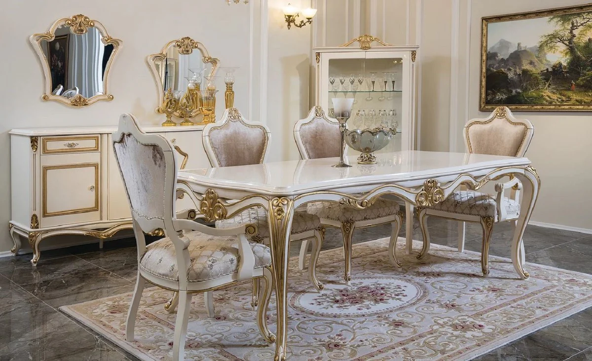 Luxury baroque dining table white / gold - noble solid wood dining room table - magnificent baroque dining room furniture
