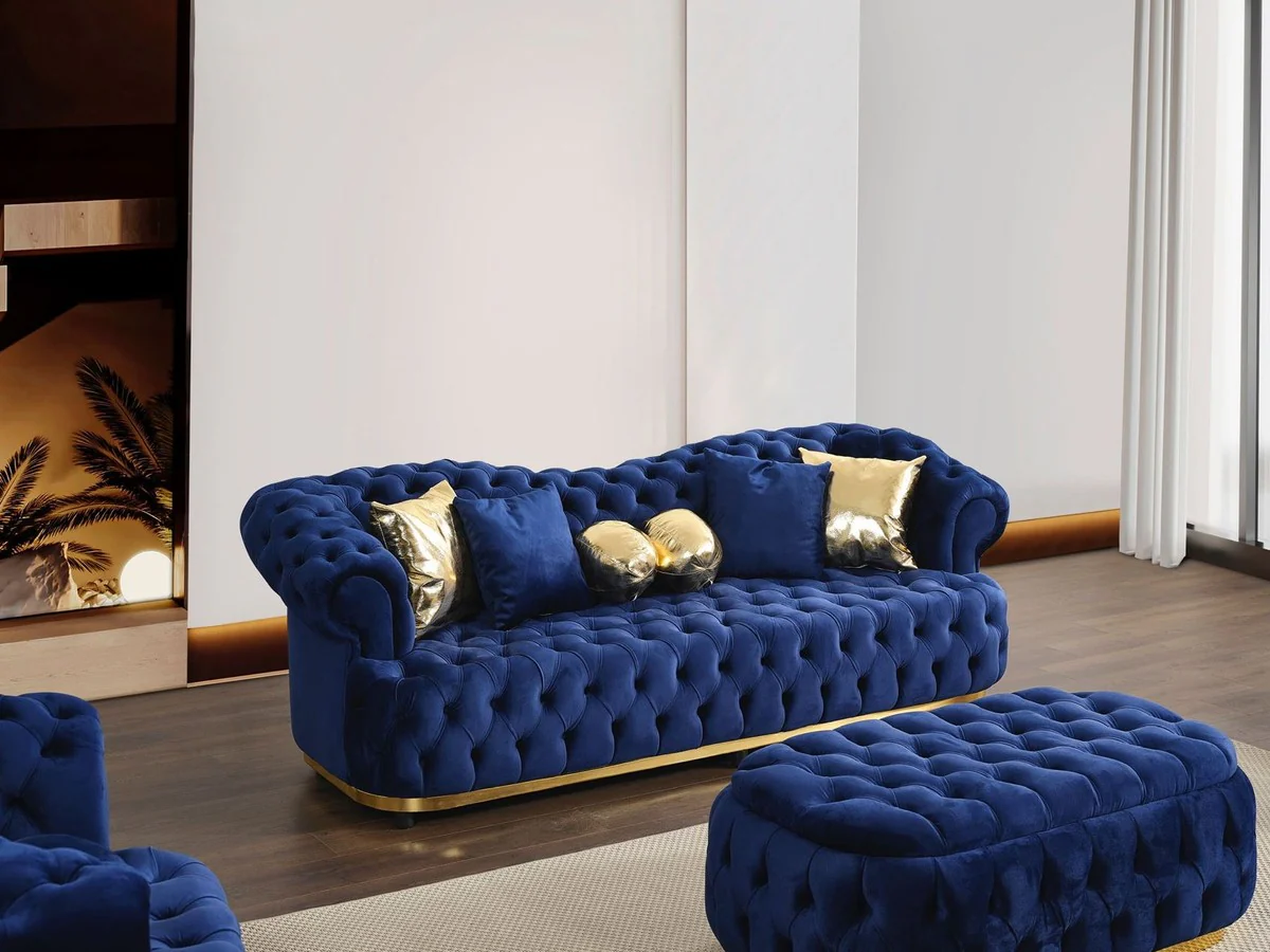 Luxury Chesterfield velvet stool blue / gold 110 cm