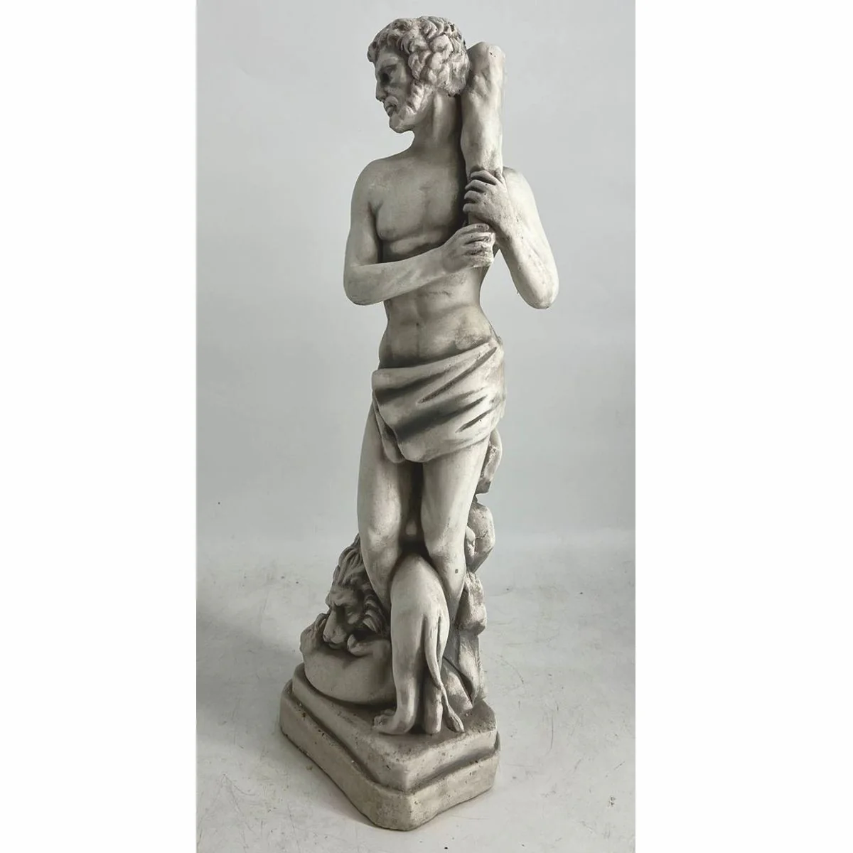 Art Nouveau Garden Decoration Concrete Sculpture Man and Lion Gray H. 63 cm