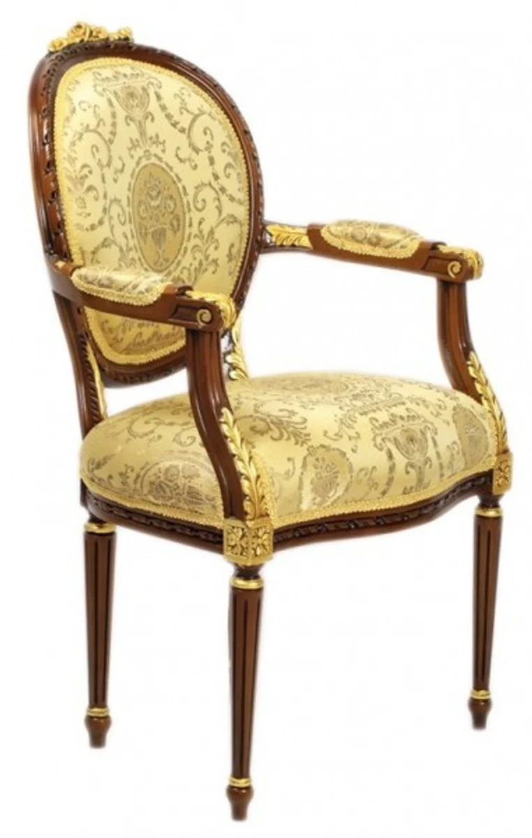 Luxury Baroque Dining Room Chair with Armrests Ludwig XV Gold Pattern / Mahogany Brown - Furniture