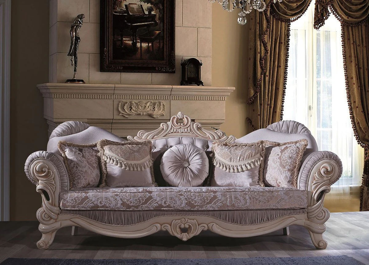 Luxury baroque living room sofa with rhinestones and decorative cushions lilac / cream / beige 230 x 85 x H. 110 cm - noble & magnificent