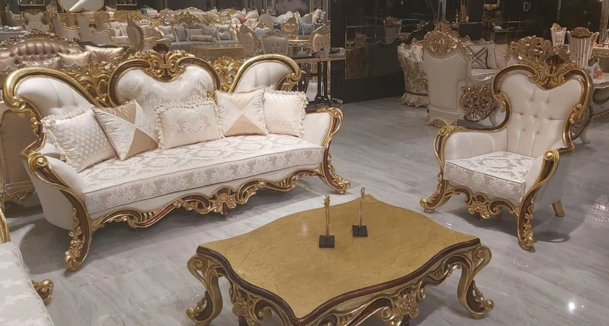 Luxury Baroque Living Room Set Cream / Brown / Gold - 2 Baroque Sofas & 2 Baroque Armchairs & 1 Baroque Coffee Table - Baroque Living Room Furniture