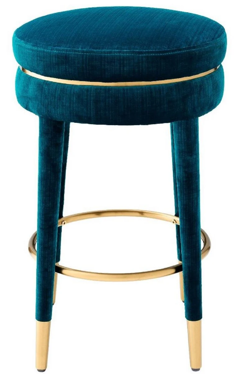 Luxury bar stool blue / brass Ø 41 x H. 68 cm - Round velvet stool - Luxury furniture
