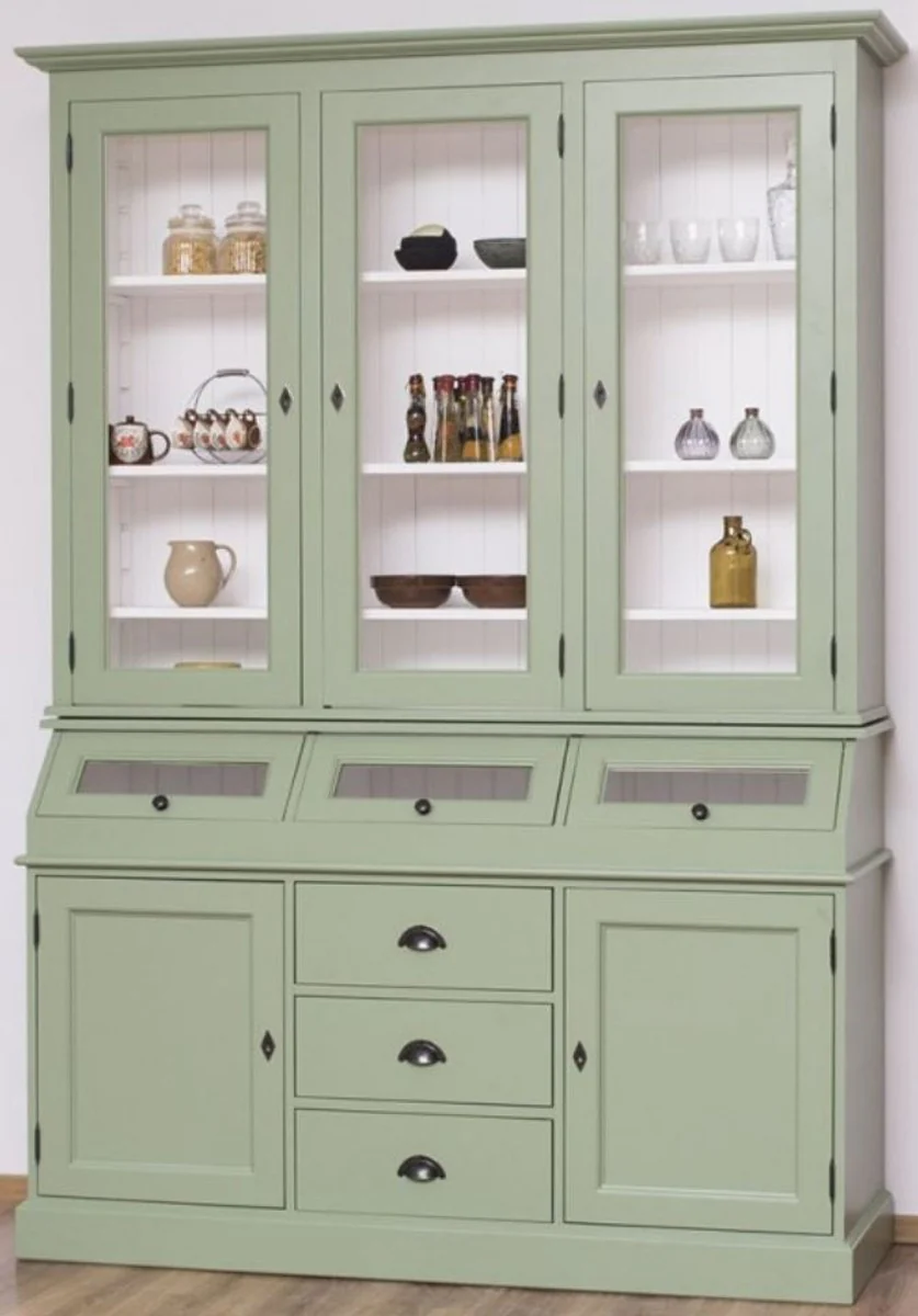 Country house style kitchen cabinet light green / white 164 x 50 x H. 226 cm - 2-piece solid wood dining room cabinet - country house style dining room furniture