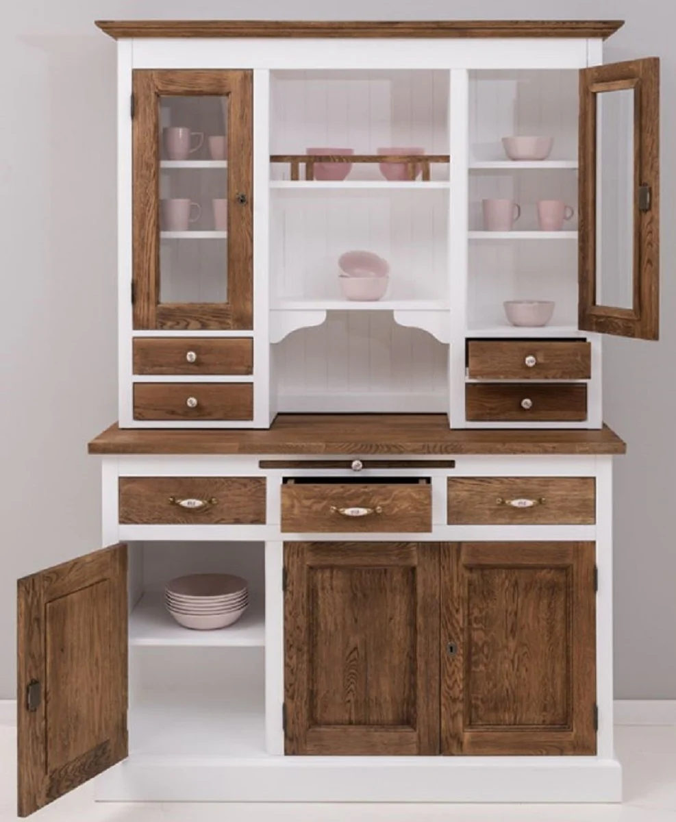 Country house style dining room cabinet white / dark brown 137 x 50 x H. 197 cm - solid wood kitchen cabinet - dining room furniture in country house style - country house style dining room furnishings