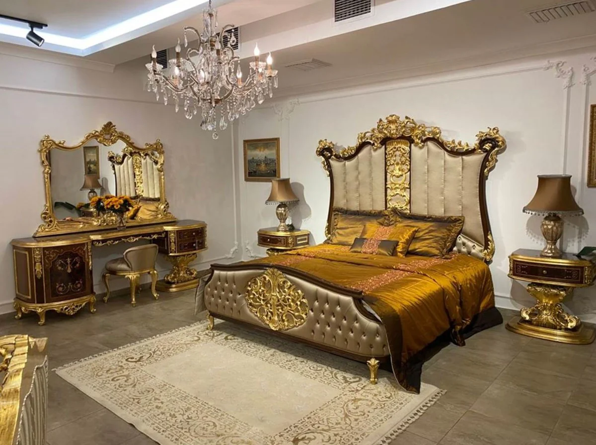 Luxury baroque double bed silver / dark brown / gold - noble solid wood bed with headboard - magnificent bedroom furniture in the baroque style