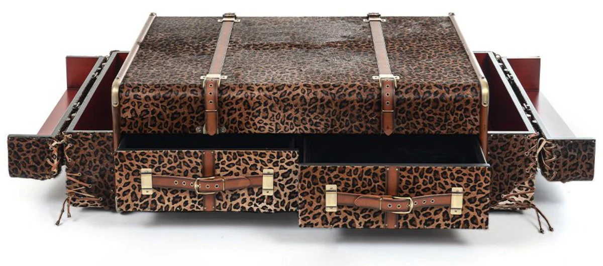 Luxury coffee table in suitcase look leopard / brown / brass 140 x 85 x H. 43 cm - Suitcase living room table with drawers and bar compartments - Living room furniture - Luxury furniture in suitcase look