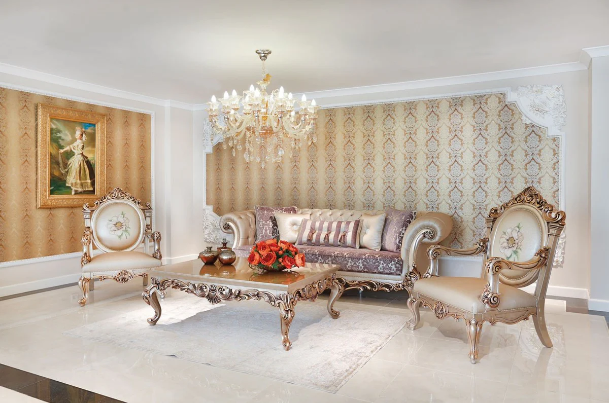 Luxury baroque coffee table beige / copper colored 133 x 92 x H. 45 cm - magnificent solid wood living room table with elegant decorations - baroque living room furniture