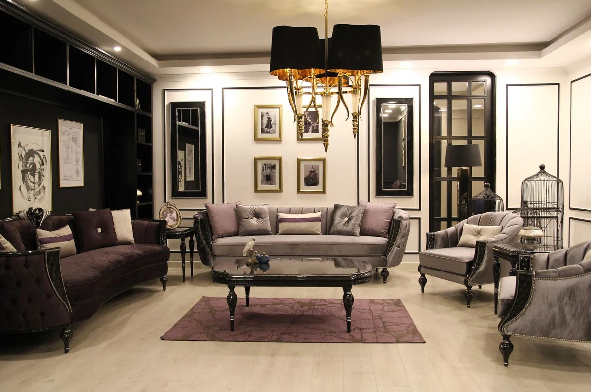 Luxury baroque sofa purple / black / silver 267 x 90 x H. 100 cm - living room sofa with elegant velvet fabric - baroque furniture