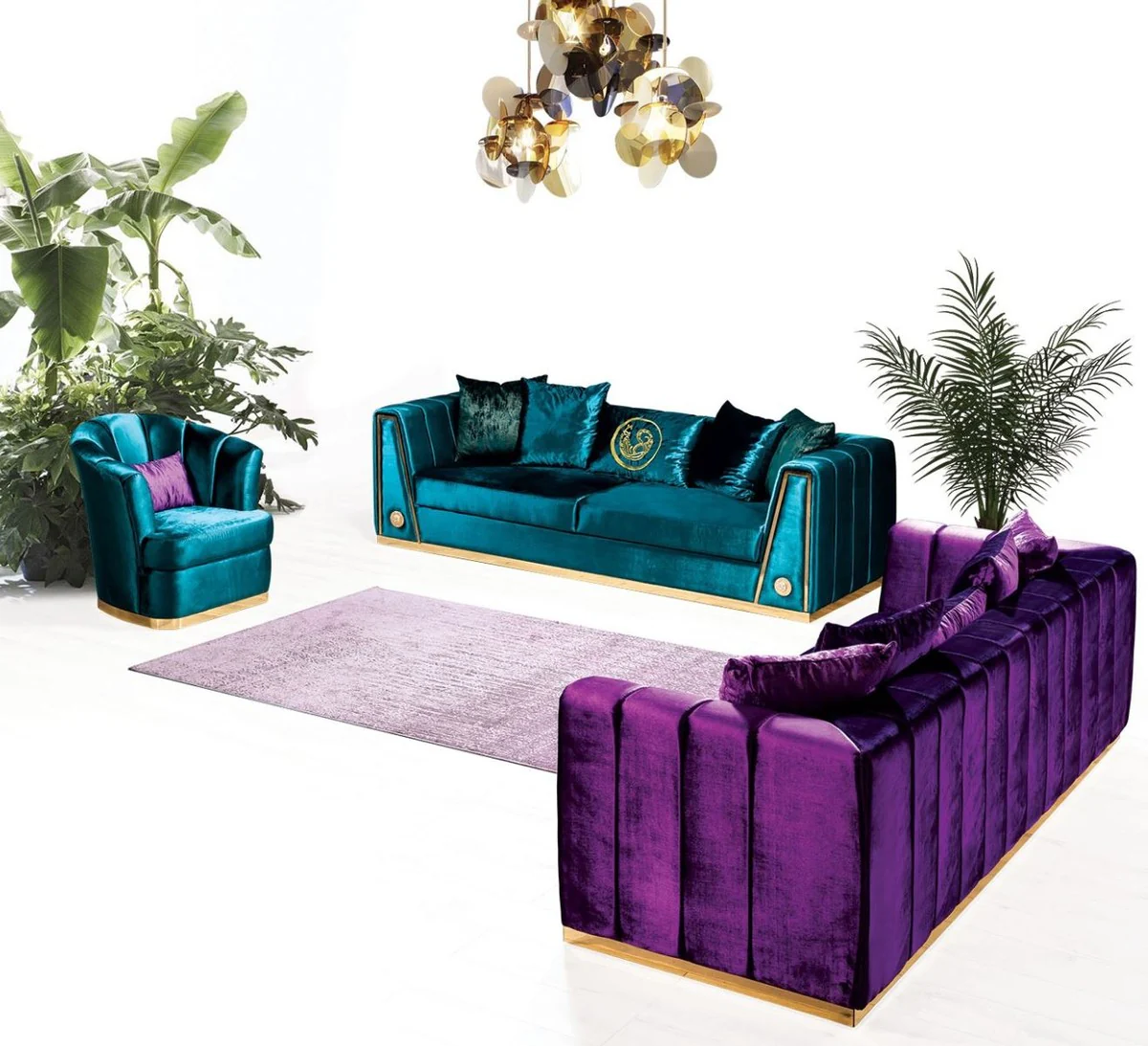Luxury couch purple / gold 260 x 90 x H. 76 cm - Elegant living room sofa with decorative pillows - Luxury furniture