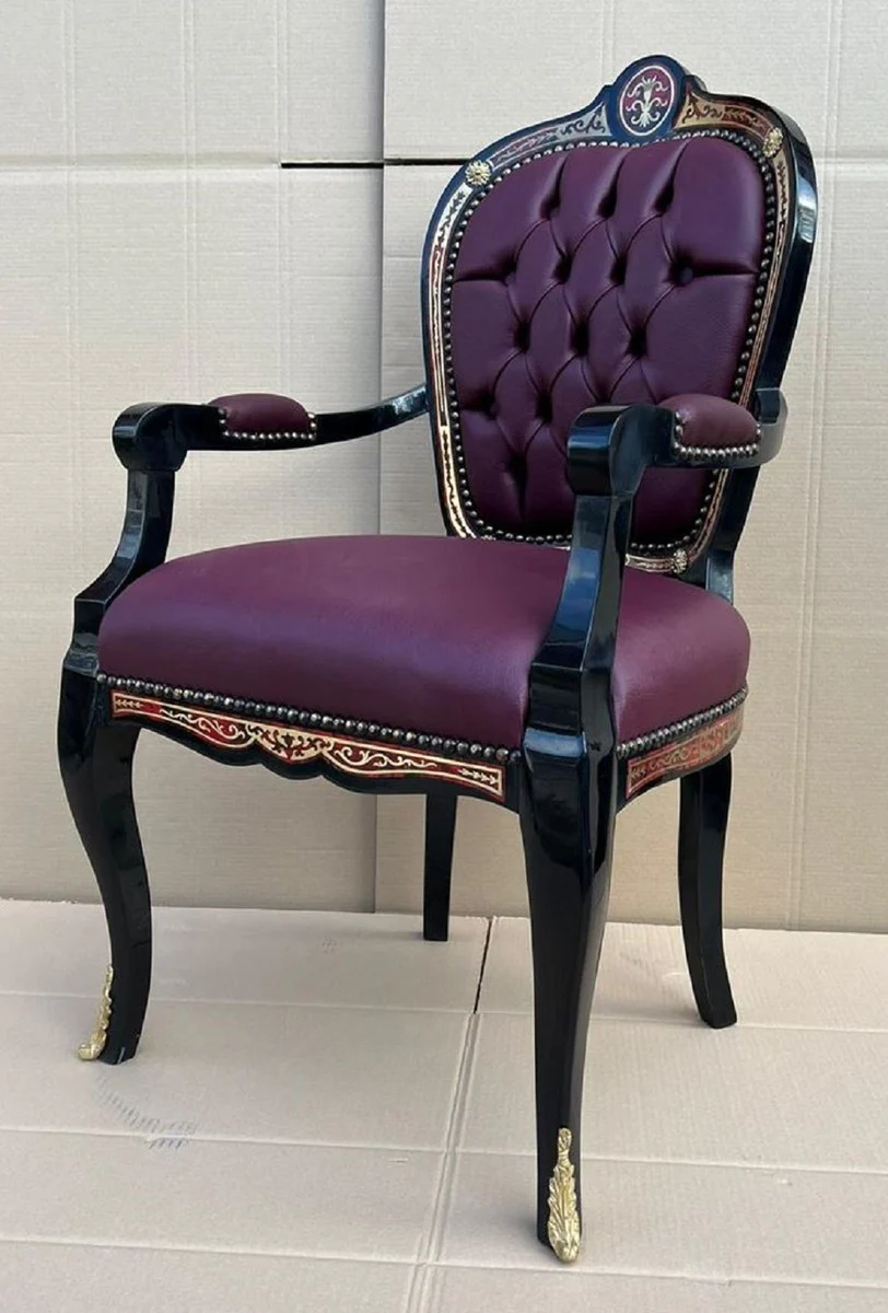 Baroque Boulle dining room chair with armrests purple / black / red / gold - magnificent desk chair with elegant faux leather - dining room furniture in baroque style - Baroque Boulle furniture