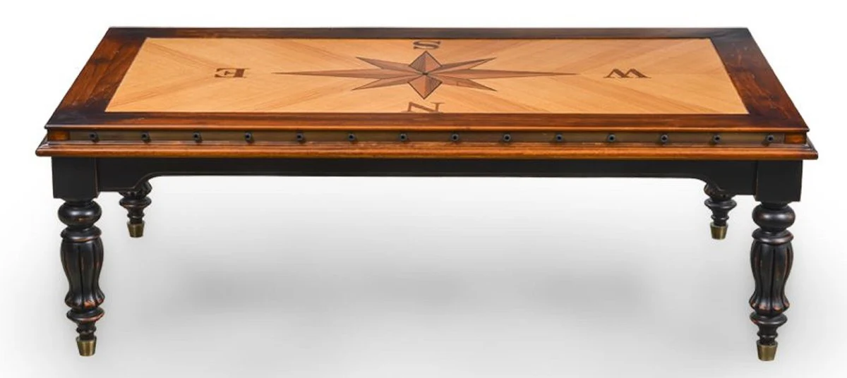 Luxury vintage style coffee table natural color / brown / black 137 x 77 x H. 45 cm - Rectangular solid wood living room table - Vintage style living room furniture - Luxury living room furniture