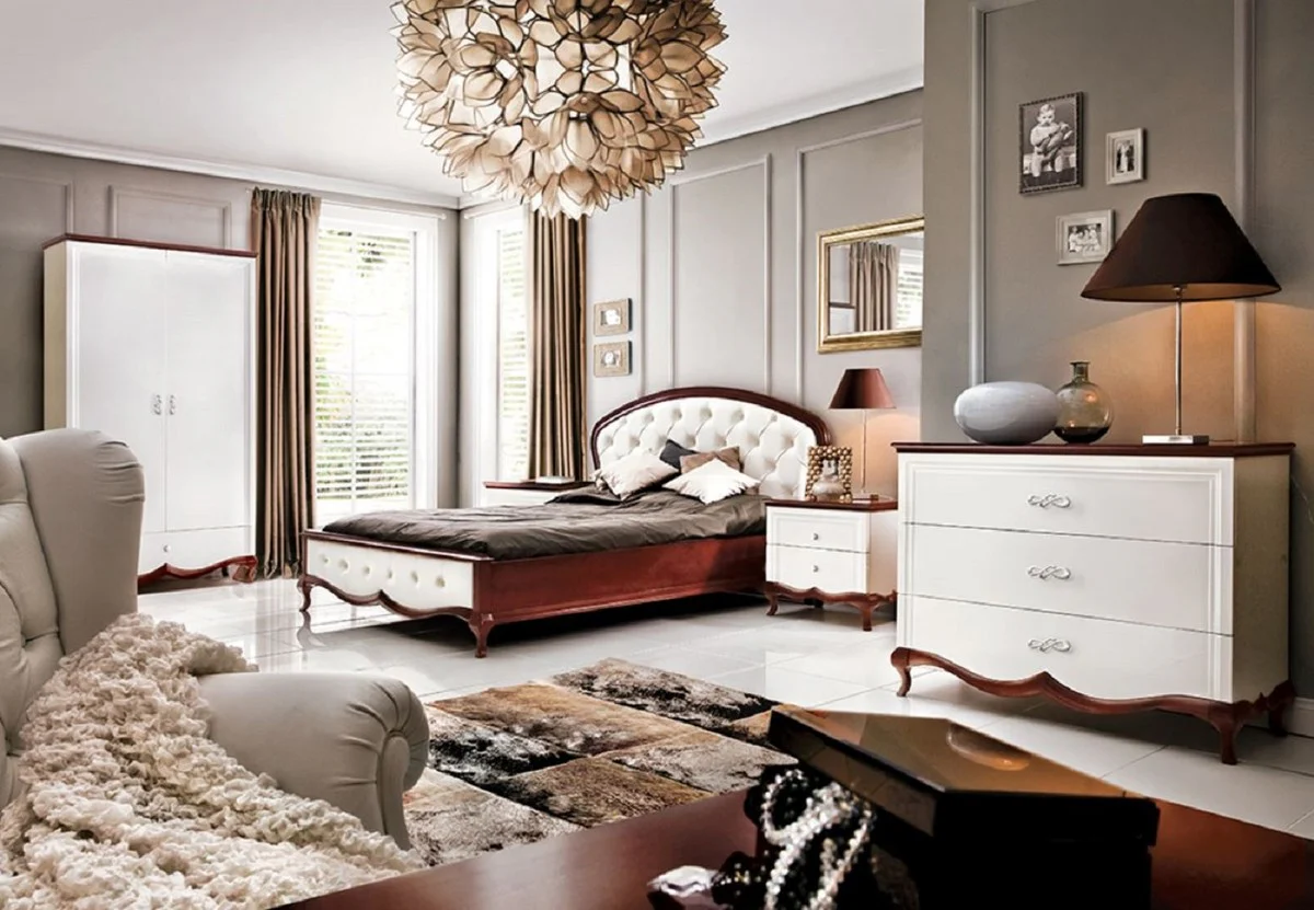 Luxury Art Nouveau bedroom cabinet high gloss white / brown 114 x 62.5 x H. 209.5 cm - solid wood wardrobe with 2 doors and drawer - bedroom furniture