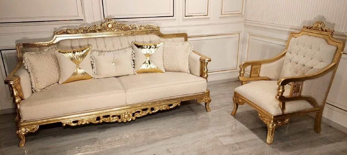 Luxury Baroque Living Room Sofa Cream / Gold - Handmade Baroque Style Sofa - Luxury Living Room Furniture in Baroque Style - Baroque Furniture - Noble & Magnificent