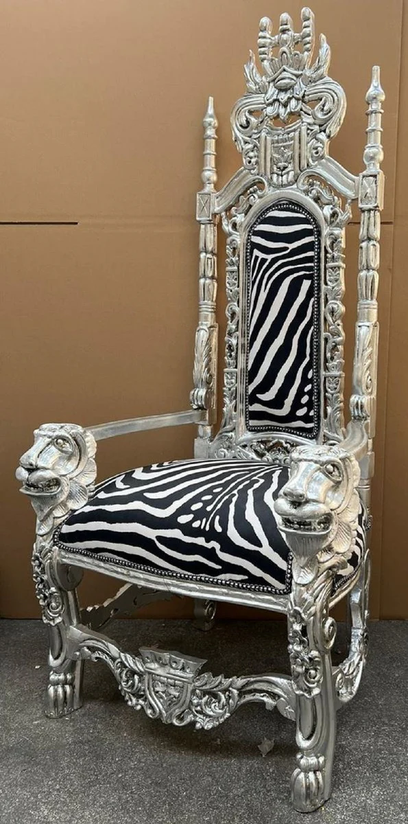 Baroque throne armchair black / white / silver - magnificent baroque style king armchair with elegant velvet fabric in zebra design - baroque style wedding armchair - baroque giant armchair - baroque furniture