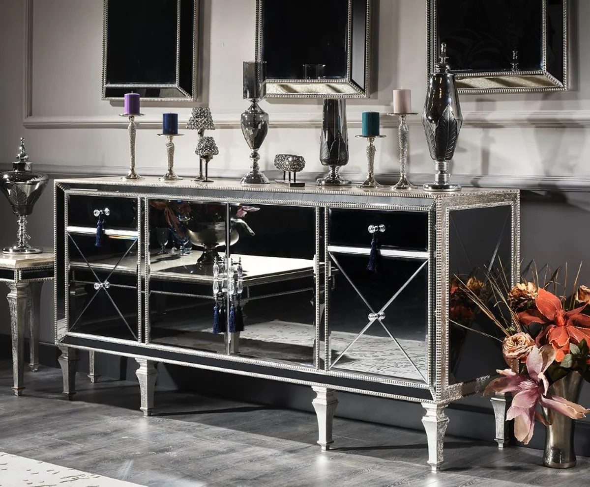 Luxury baroque chest of drawers with mirror glass silver / gold 205 x 55 x H. 100 cm - mirrored living room cabinet - luxury quality