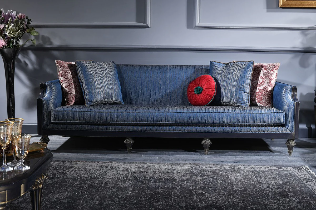 Luxury Baroque Living Room Set Blue / Gold - 2 Sofas & 2 Armchairs & 1 Coffee Table & 2 Side Tables - Magnificent Baroque Furniture - Luxury Quality