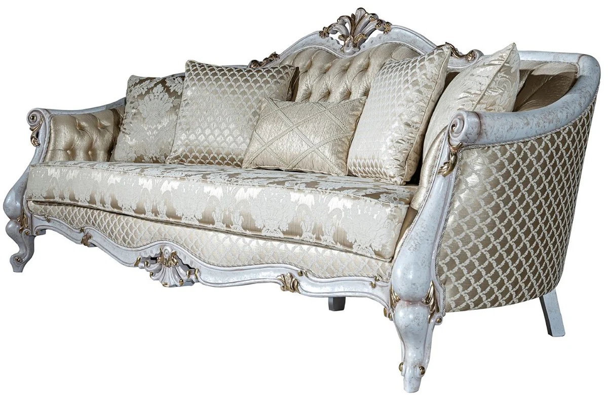 Luxury baroque sofa gold / antique white / gold 250 x 90 x H. 112 cm - living room sofa with elegant pattern and decorative pillows - baroque living room furniture