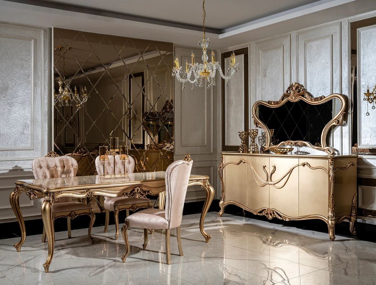Luxury baroque dining room set white / pink / gold - 1 dining table & 6 dining chairs - noble dining room furniture in baroque style